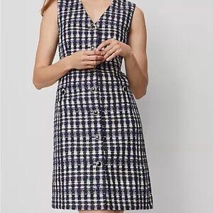 Ann Taylor Navy and Cream Checkered Midi Dress